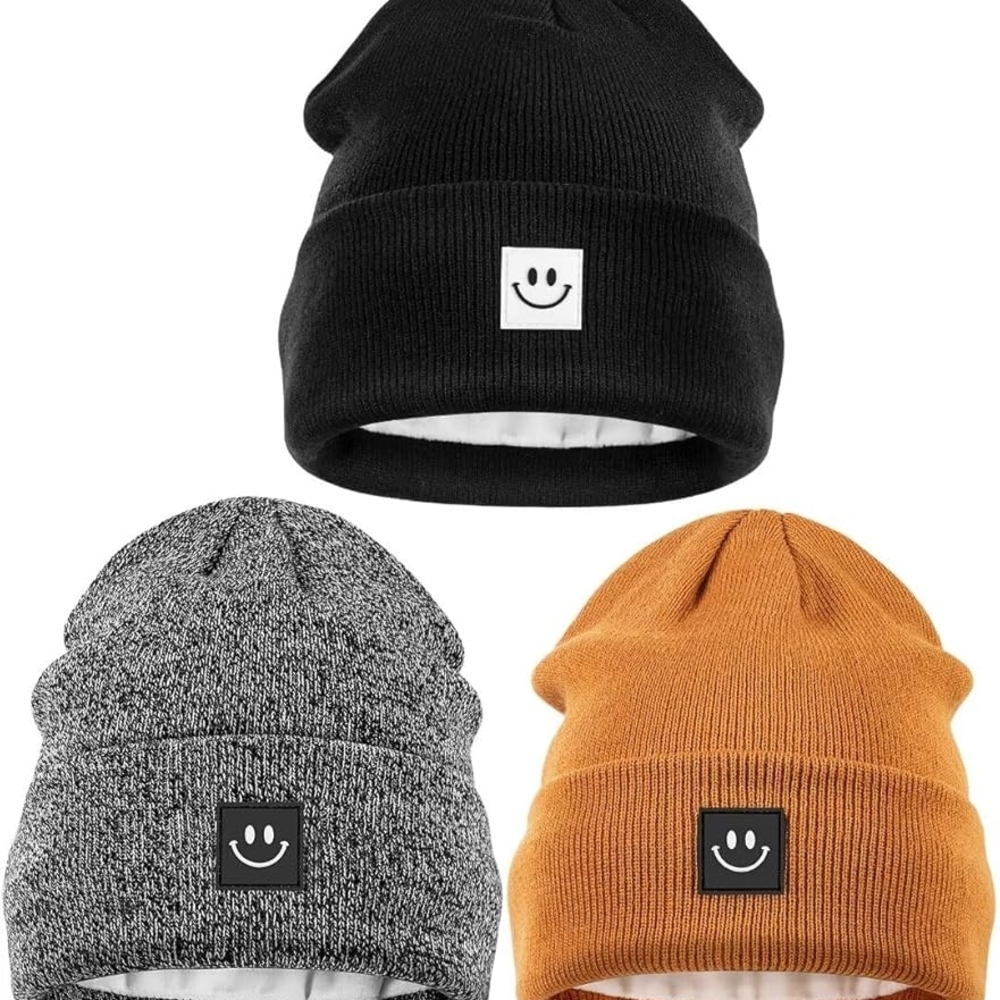 3Pack,Fleece Line Winter Hats with Smiley Face,Warm Cute Beanie for Cold